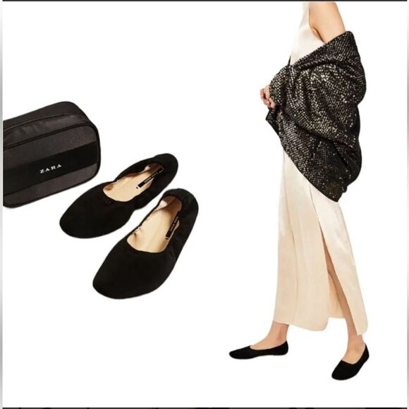 Brand New ZARA foldable ballet flats w/ pouch black- size 38 - Picture 1 of 6